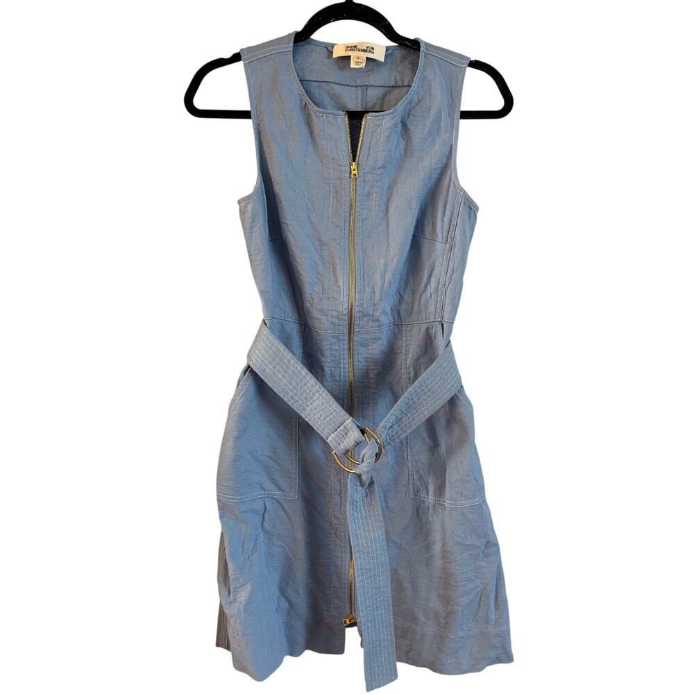 Diane Von Furstenberg Sleeveless Belted Linen Blend Dress Blue Zip Up Size 2